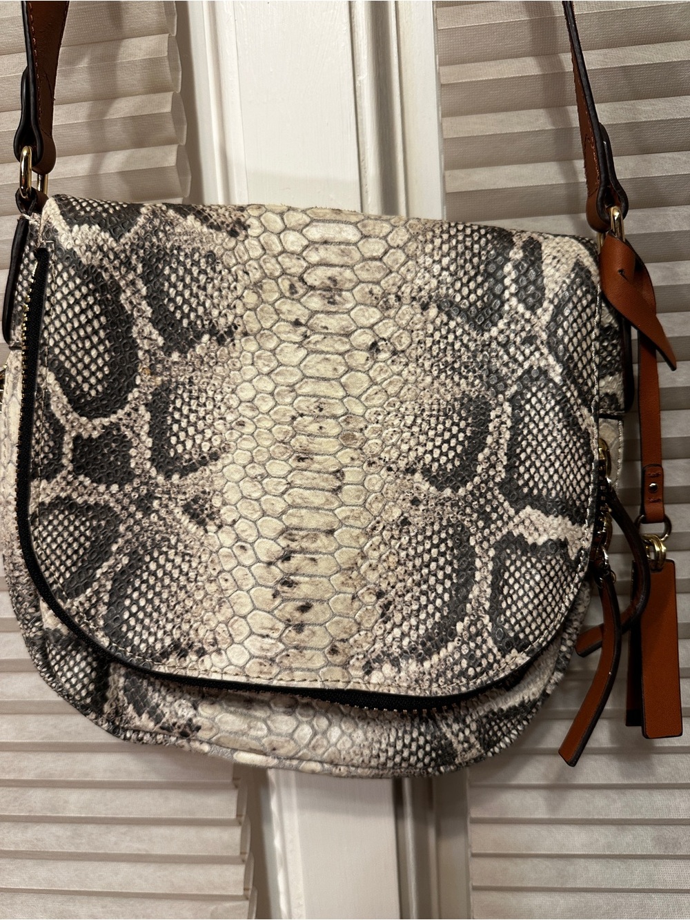 Vince Camuto Python-Print Crossbody Bag in Cream, Black & Brown